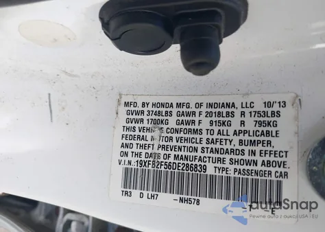 2013 Honda Civic Lx z USA, uszkodzony, nr VIN 19XFB2F56DE286839